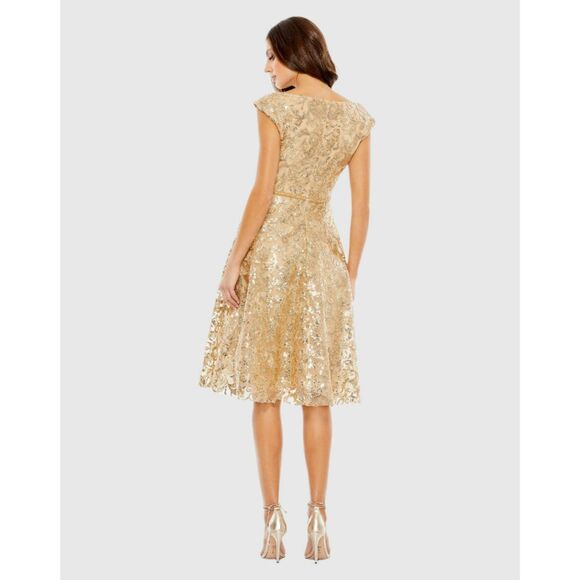 Mac Duggal Gold Sequined V Neck Cap Sleeve Dress Size 14 Midi Dress 68012 New - Picture 9 of 9